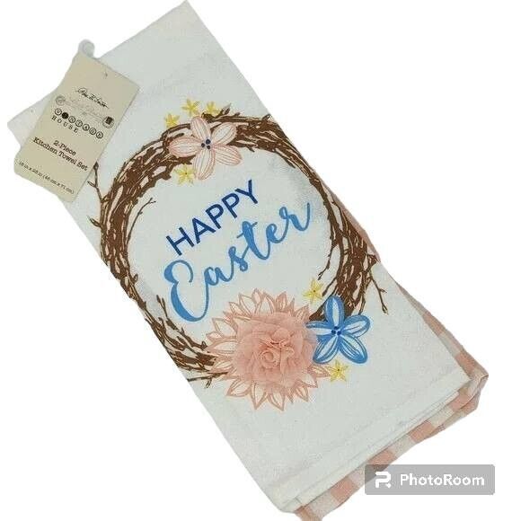 Easter Kitchen Towel Set 2-Piece Floral Wreath Pink Gingham Spring Farmhouse NEW - Picture 1 of 6